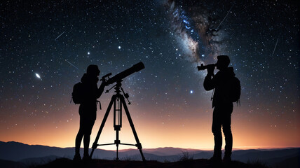 People observing the sky through a telescope. Dark night. Starry sky. Milky Way. Generative AI.

