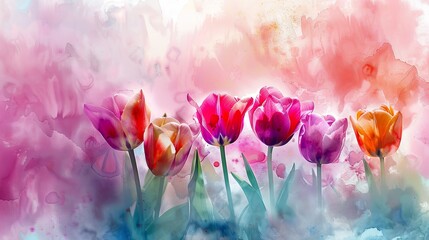 Vibrant watercolor tulips on abstract spring background