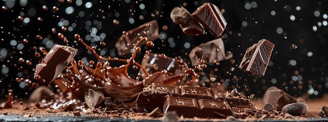 A dynamic shot of chocolate bars being torn apart, with pieces flying everywhere against the...