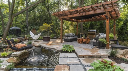 Fototapeta premium Sustainable Living Serenity: A serene outdoor living space with a calming water feature