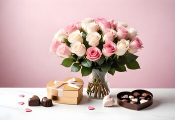 bouquet of roses and box