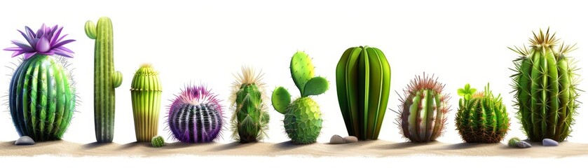 A row of cacti with different colors and sizes. The cacti are arranged in a line, with some taller and some shorter. The colors of the cacti vary, with some being green and others being purple