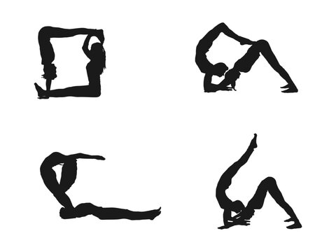 acro yoga silhouettes Icon Silhouette Illustration. Couple Vector Graphic Pictogram Symbol Clip Art. Doodle Sketch Black Sign. Set of editable vector silhouettes of man and woman. on white background.