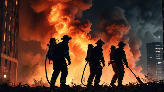 Firefighters during a firefighting operation. Smoke and flames in the background. Generative AI.

