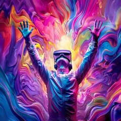 A man is wearing a virtual reality headset and is reaching out with his hands. The image is a colorful and vibrant painting, with the man standing in the middle of it