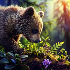 A bear is sniffing the ground in a lush green forest. The bear is small and brown, and it is curious about the plants around it. The scene is peaceful and serene