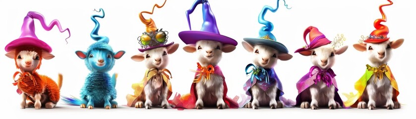 A group of colorful sheep wearing hats and costumes. The sheep are arranged in a row, with some standing closer to the front and others further back. Concept of fun and whimsy