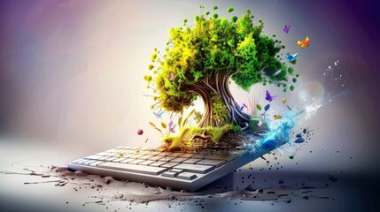 A tree is growing out of a keyboard. The tree is surrounded by butterflies and other creatures. The image is colorful and whimsical, with a sense of wonder and imagination