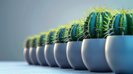 A row of potted cacti are lined up on a table. The potted plants are all the same size and shape, and they are all green. Concept of order and uniformity
