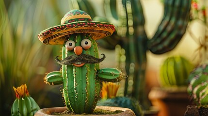 Whimsical cactus character in sombrero with mustache and googly eyes