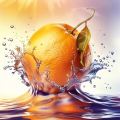 A splash of water surrounds a large orange with a green leaf on top. The water is splashing around the orange, creating a sense of movement and energy