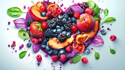 A heart made of fruit and vegetables. The heart is full of apples, strawberries, blueberries, and raspberries