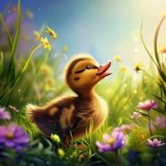 A duckling is standing in a field of flowers. The duckling is small and cute, and it is surrounded by a beautiful, colorful field of flowers. The scene is peaceful and serene