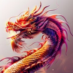 A dragon with a red and purple head and orange and purple tail. The dragon is surrounded by fire, which gives it a fiery and powerful appearance
