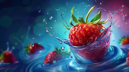 A close up of a strawberry in a splash of water