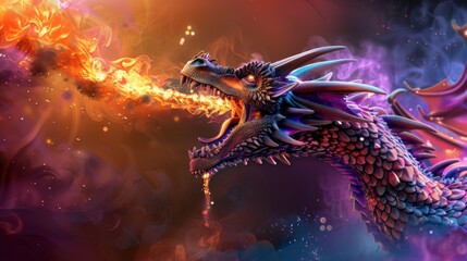 A dragon is depicted with its mouth open, spewing fire. The image has a fiery and intense mood, with the dragon being the main focus
