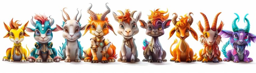 A row of cute little animals with horns and colorful fur. They are all sitting in a line