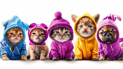 A group of cats are wearing pink and yellow sweaters and sunglasses. They are all lined up next to each other