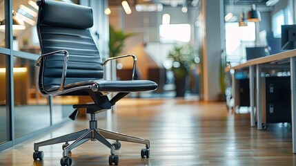 Modern office interior with sleek black swivel chair and warm lighting