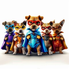 A group of dogs are wearing superhero costumes and standing in a row. The dogs are wearing blue, purple, orange, and yellow costumes