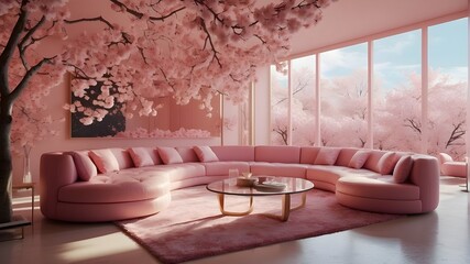 /imagine: Within the surreal pink blossom dreamscape, a modern interior design concept takes shape, revealing a chic entertainment area with comfortable seating and a large screen television. Soft pin