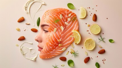 Conceptual photo of a skin outline adorned with skin-nourishing foods like salmon and almonds - 798619282