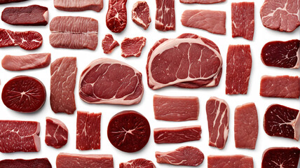 Meat arranged neatly, top view, perfect meat pieces for online promotion. Generative AI.


