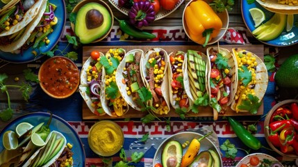 Colorful mexican tacos feast on wood table Cinco De Mayo