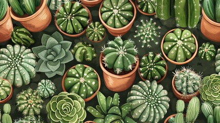 Lush collection of diverse cacti and succulents in pots