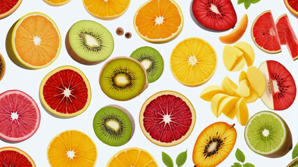 Sliced fruit pieces on a white background, top view, business promotion. Generative AI.