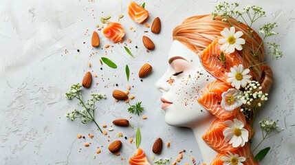 Conceptual photo of a skin outline adorned with skin-nourishing foods like salmon and almonds