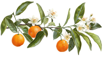 Kumquat isolated, Set of orange ripe cumquat fruit on branch with green leaves on white background ,Watercolor botanical tangerine tree branch with  fruits and flower