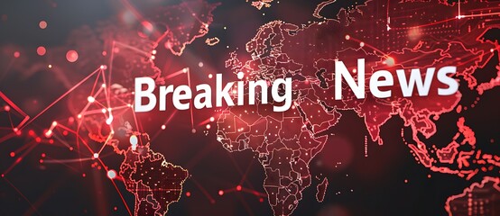 "Breaking News" on the background of a world map, a digital illustration with a red and black color scheme.