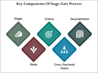 five Key Components of stage-gate process. Infographic template with icons and description placeholder