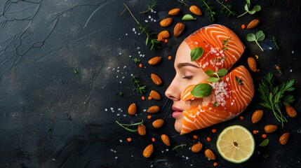 Conceptual photo of a skin outline adorned with skin-nourishing foods like salmon and almonds - 798620490