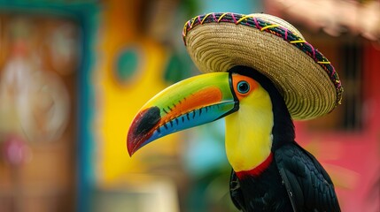 Naklejka premium Colorful toucan wearing a sombrero on a vibrant background
