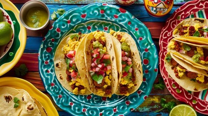 Mexican breakfast tacos on colorful table Cinco De Mayo