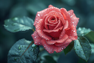 Closeup of red rose with water drops