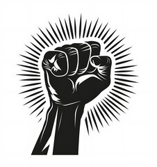  Black and white vector logo of an arm with a closed fist raised up ,powerful symbol of struggle and peace movement
