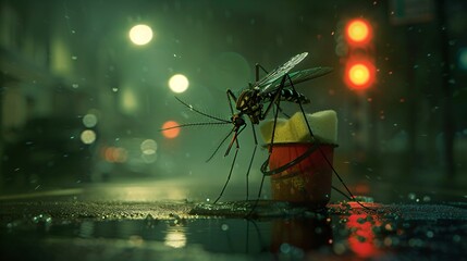Giant Mosquito in Rainy Cityscape