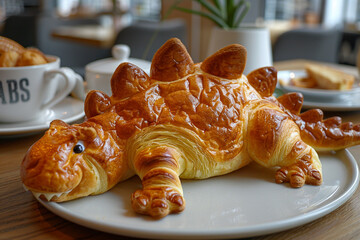 Dinosaur croissant in coffee cafe