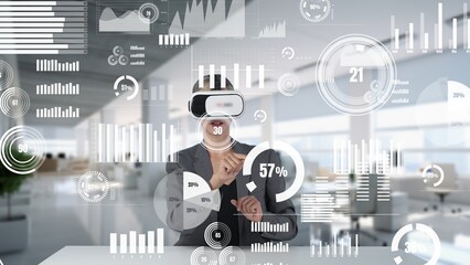 Businesswoman selecting market business data research analysis graph monitor by VR global...