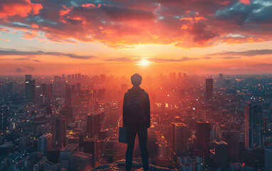Person stands on the edge of building with laptop in his hands and looks at the setting sun. Cityscape