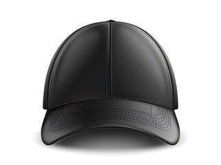 Black baseball cap mockup template isolated on white background, front view Realistic leather hat design for sport team