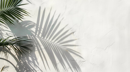Obraz premium Palm leaves on minimalist background, shadows with sunlight on white wall, tropical advertising blank, copy space concept