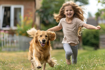 Cute girl running with her dog in front of home