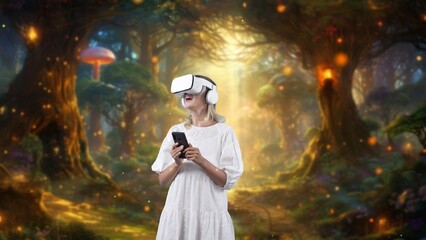 Excited girl using VR and smartphone to connect meta surround fantasy forest bokeh neon light...