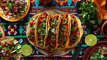 Authentic mexican tacos on traditional tablecloth Cinco De Mayo