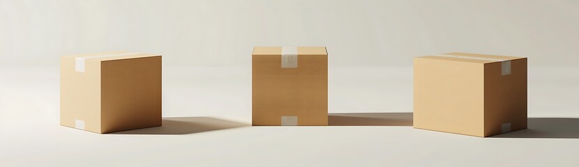 Three cardboard boxes of different sizes are arranged in an organized and symmetrical manner on the left side of the white background.