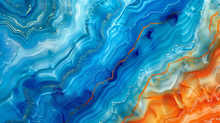 Tropical Blue and Vibrant Orange Alcohol Ink Art, Shiny Surface with Agate Ripples.